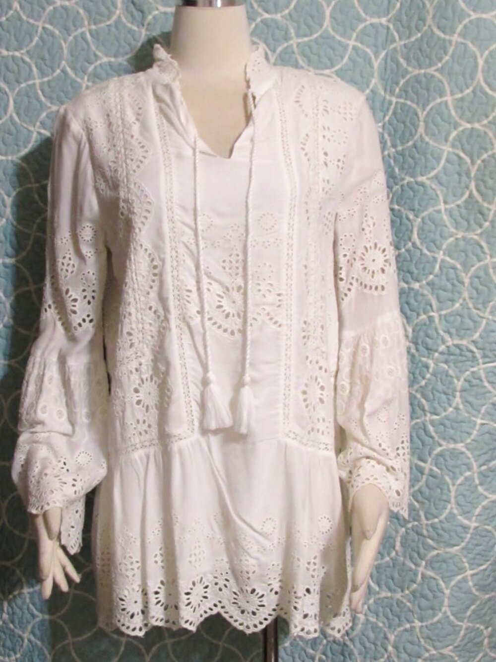Womens Ladies SUNDANCE Ivory Eyelet Peasant Boho L/S Top Shirt S Orig $98